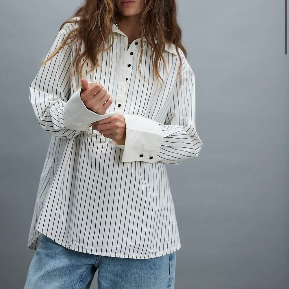Free People After Hours Stripe Cotton Poplin Long Sleeve Tunic Top Women's Large